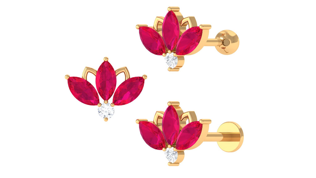 Marquise Ruby Lotus Flower Earring with Diamond Ruby - ( AAA ) - Quality - Jewel Pierce