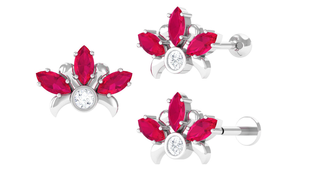 Natural Ruby Lotus Cartilage Earring with Diamond Ruby - ( AAA ) - Quality - Jewel Pierce