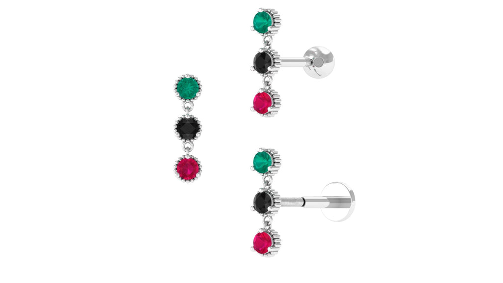 Minimal Three Stone Bar Earring for Helix Piercing Black Diamond - ( AAA ) - Quality - Jewel Pierce
