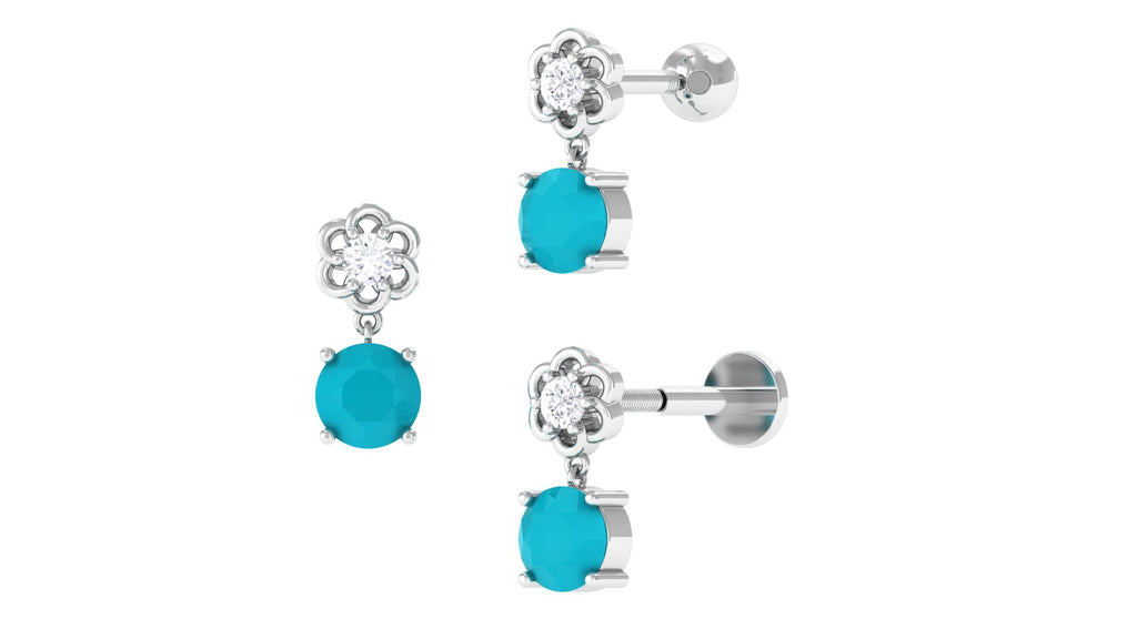 Genuine Turquoise Floral Drop Earring with Diamond Turquoise - ( AAA ) - Quality - Jewel Pierce