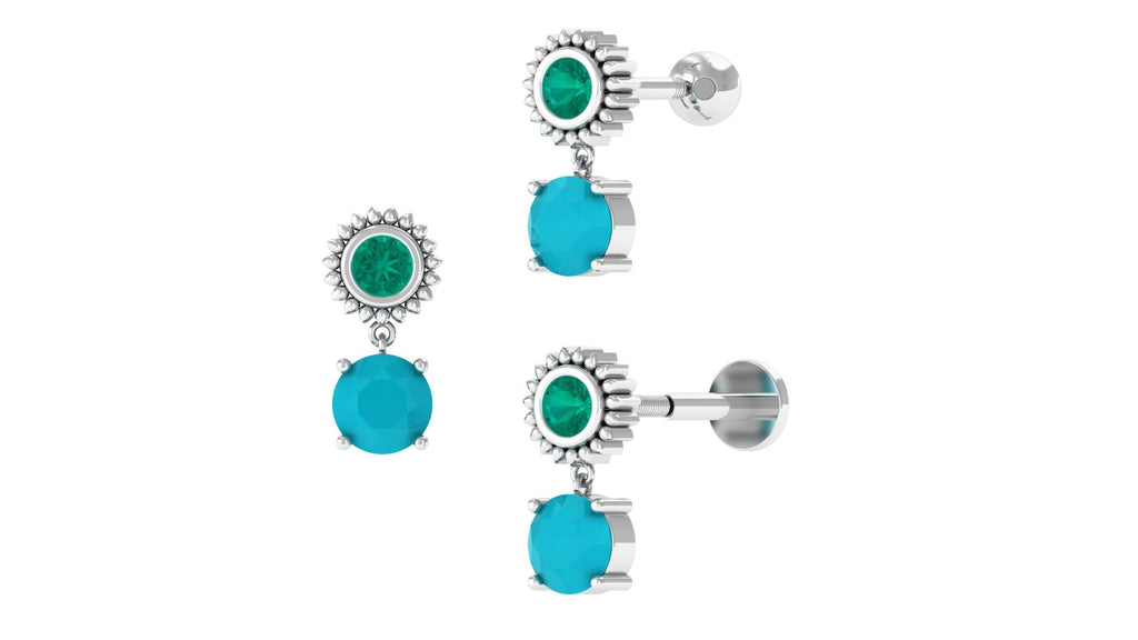 Real Emerald and Turquoise Drop Earring for Helix Piercing Emerald - ( AAA ) - Quality - Jewel Pierce