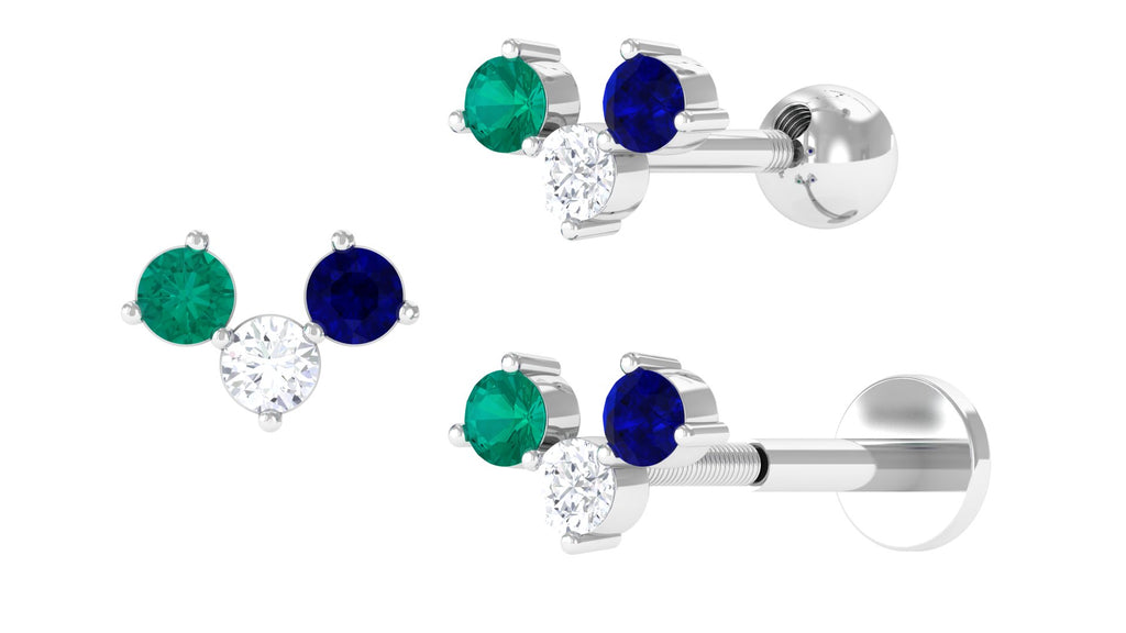 Simple 3 Multi Gemstone Earring for Helix Piercing Blue Sapphire - ( AAA ) - Quality - Jewel Pierce