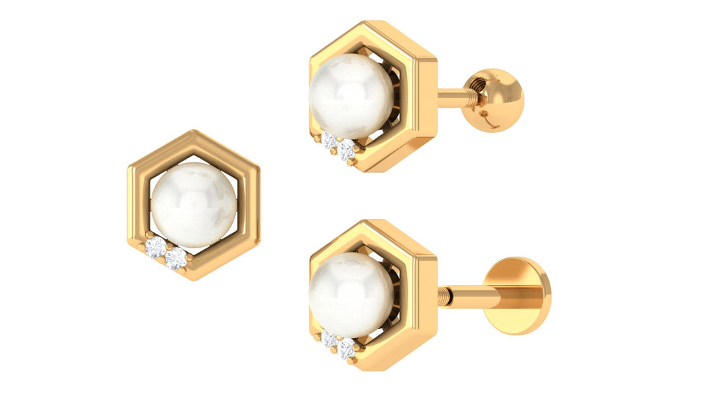 Freshwater Pearl Hexagon Earring with Diamonds Freshwater Pearl - ( AAA ) - Quality - Jewel Pierce