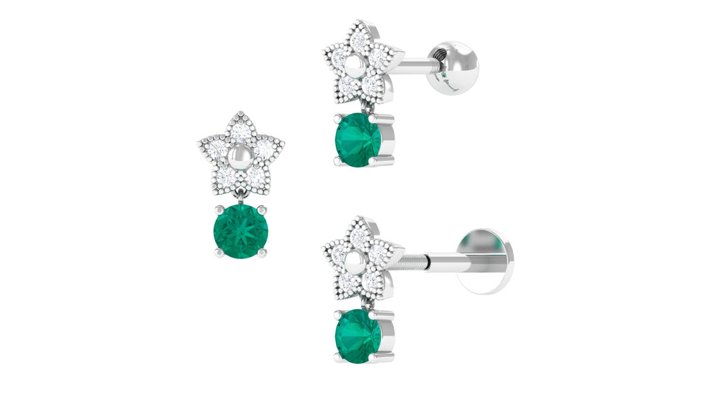 Floral Diamond and Emerald Drop Earring Emerald - ( AAA ) - Quality - Jewel Pierce