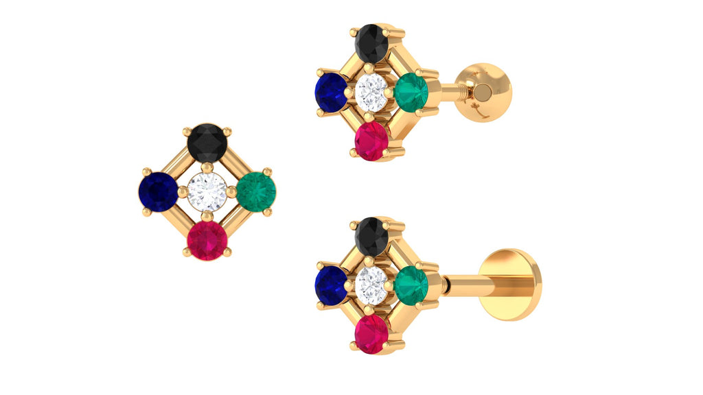 Multi Gemstone Geometric Earring for Helix Piercing Black Diamond - ( AAA ) - Quality - Jewel Pierce