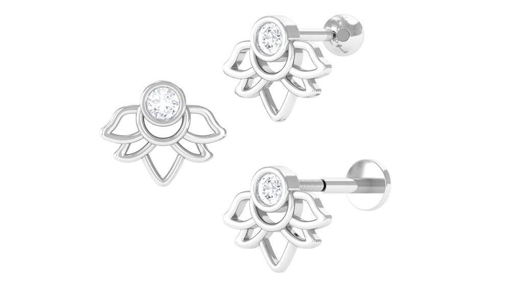 Real Diamond Lotus Earring for Helix Piercing Diamond - ( HI-SI ) - Color and Clarity - Jewel Pierce