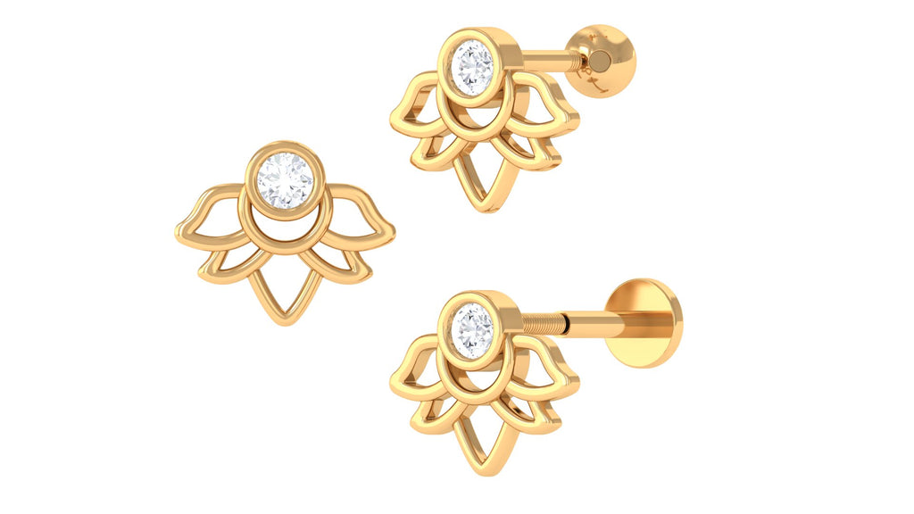 Real Diamond Lotus Earring for Helix Piercing Diamond - ( HI-SI ) - Color and Clarity - Jewel Pierce