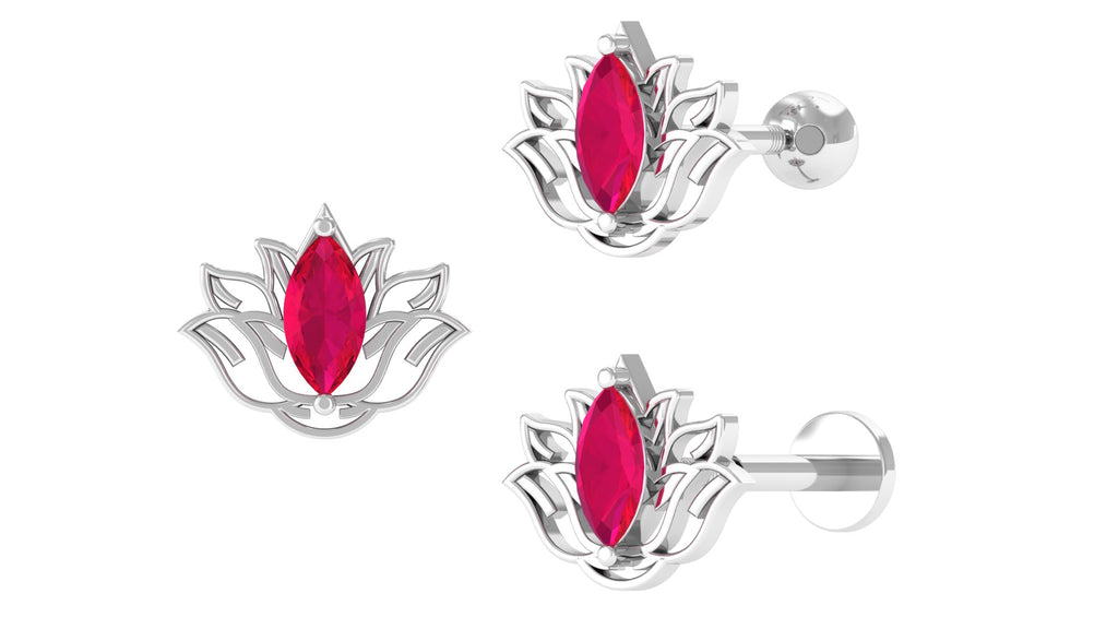 Marquise Ruby Lotus Earring for Helix Piercing Ruby - ( AAA ) - Quality - Jewel Pierce