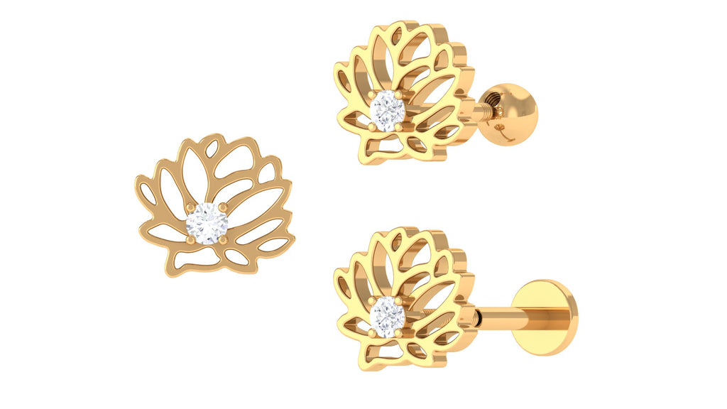 Diamond Lotus Flower Earring for Conch Piercing Diamond - ( HI-SI ) - Color and Clarity - Jewel Pierce