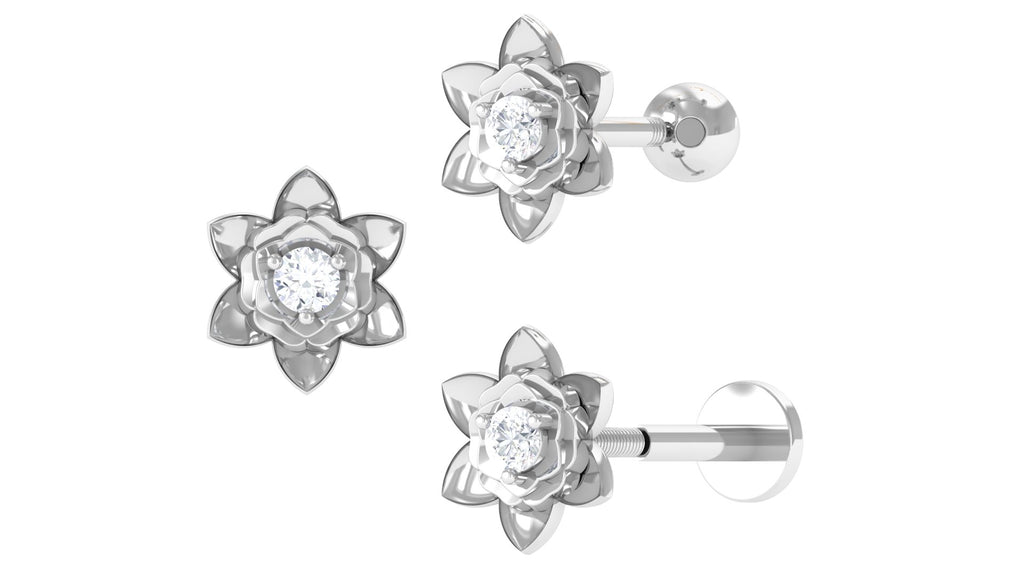 Real Diamond Lotus Flower Earring for Helix Piercing Diamond - ( HI-SI ) - Color and Clarity - Jewel Pierce
