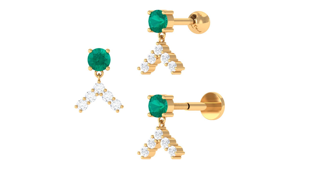 Real Emerald and Diamond Drop Earring for Helix Piercing Emerald - ( AAA ) - Quality - Jewel Pierce