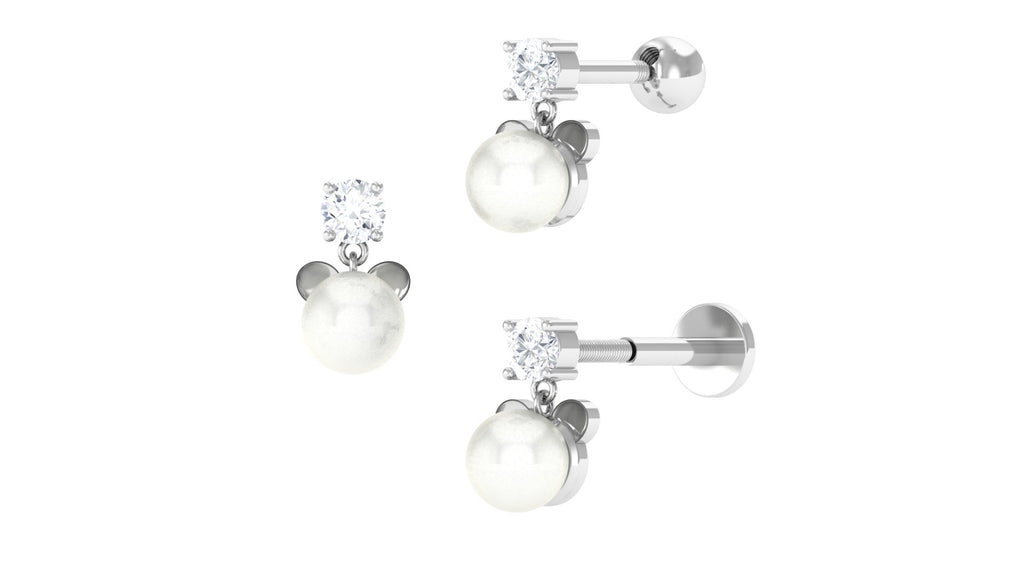 Cute Diamond and Freshwater Pearl Drop Earring Freshwater Pearl - ( AAA ) - Quality - Jewel Pierce