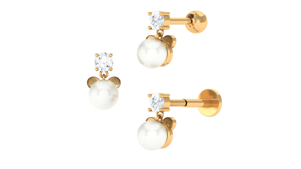 Cute Diamond and Freshwater Pearl Drop Earring Freshwater Pearl - ( AAA ) - Quality - Jewel Pierce