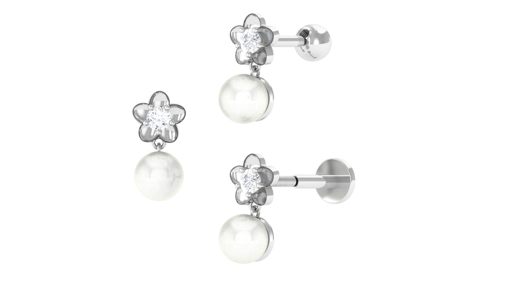 Floral Freshwater Pearl Drop Earring with Diamond Freshwater Pearl - ( AAA ) - Quality - Jewel Pierce