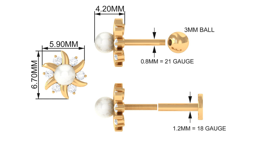 Natural Freshwater Pearl Flower Helix Earring with Diamond Freshwater Pearl - ( AAA ) - Quality - Jewel Pierce